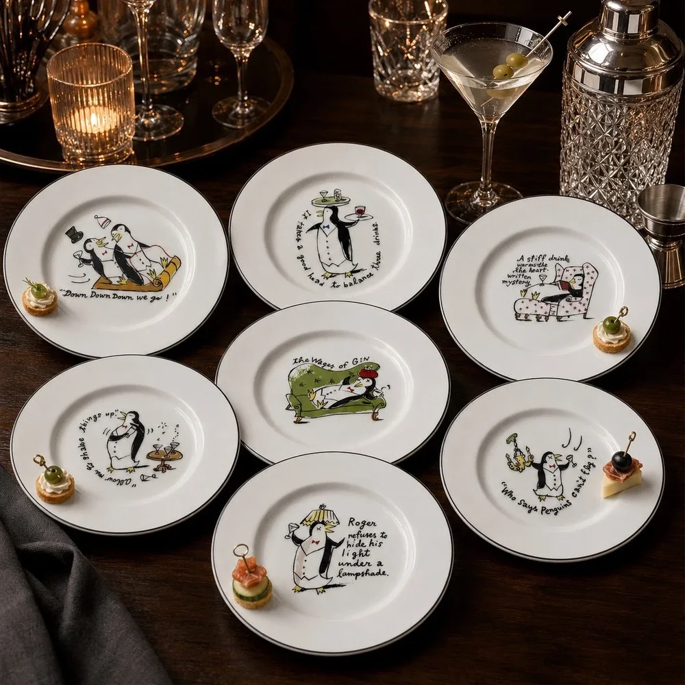 Vintage Pottery Barn Tipsy Penguins Plates Set of 7 Cocktail Dessert Japan